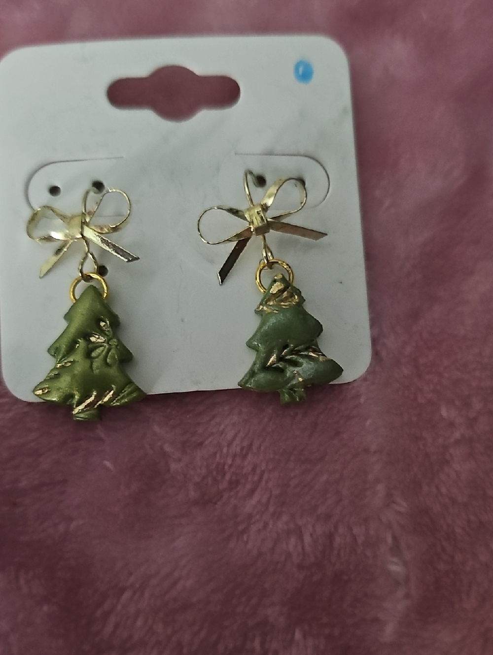 Gold Bow & Green Christmas Tree Drop Earrings